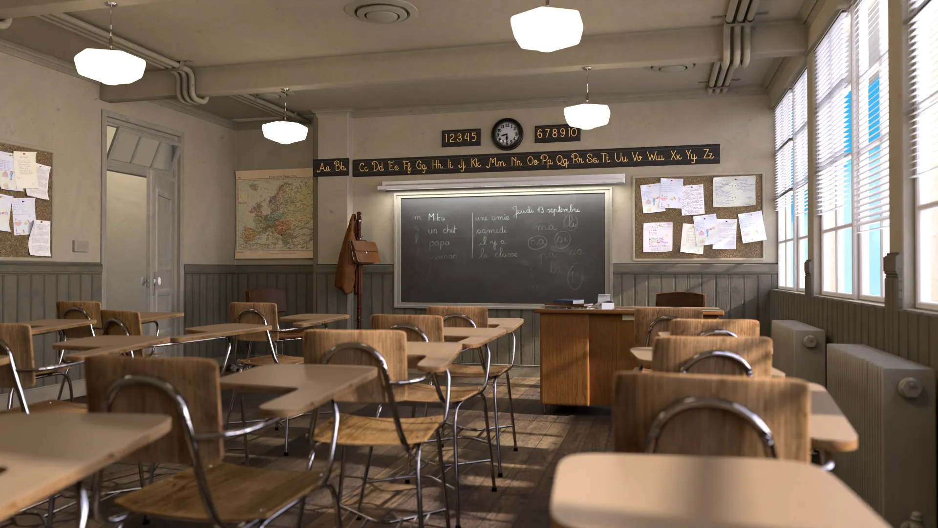 A high quality 3D render showing a classroom